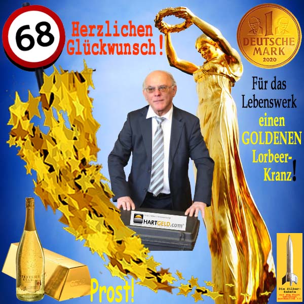 SilberRakete Zum 68Geburtstag WE Herzlichen Glueckwunsch 1DM2020 GOLD Barren Sekt Lorbeerkranz