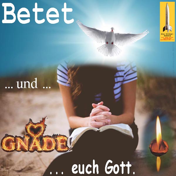 SilberRakete Betet und Gnade euch Gott Frau betet im Freien Taube fliegt weg Feuer Herz Kerze brennt noch